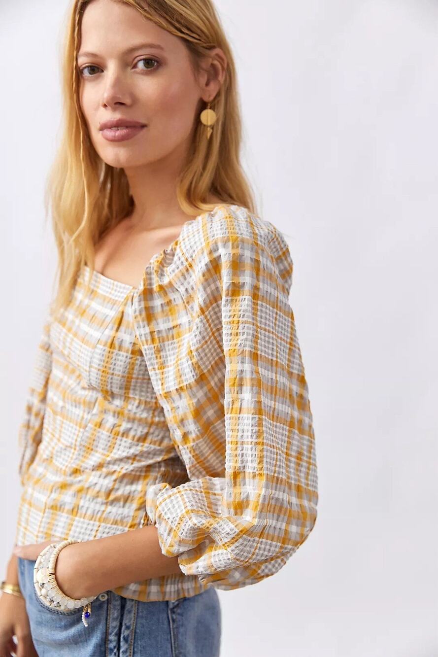 Anthropologie Maeve Blouse Top Women’s XS Puff Sleeve Plaid Yellow Gray Smock
